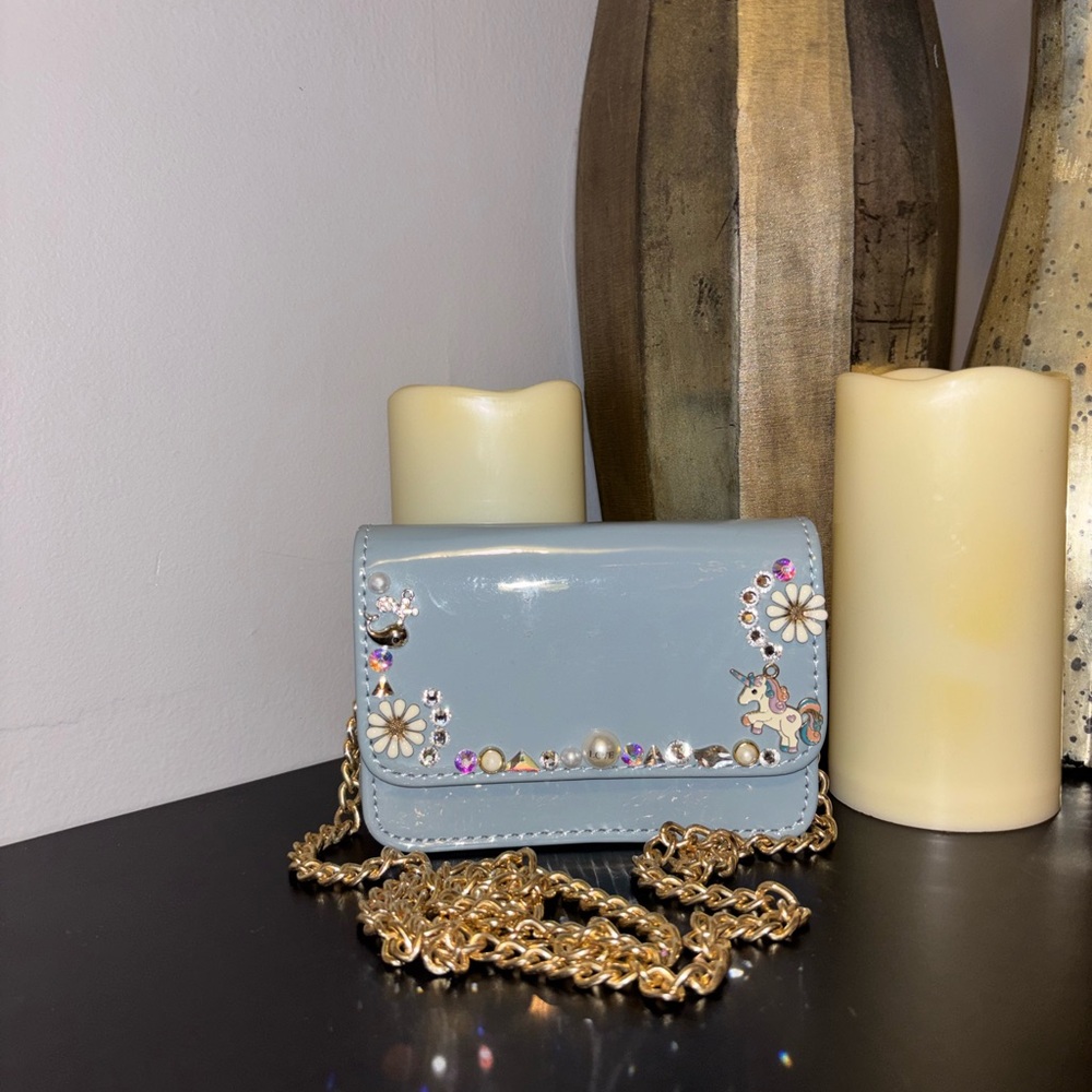 Stylish Little Girl Light Blue Embellished Clutch with Chain